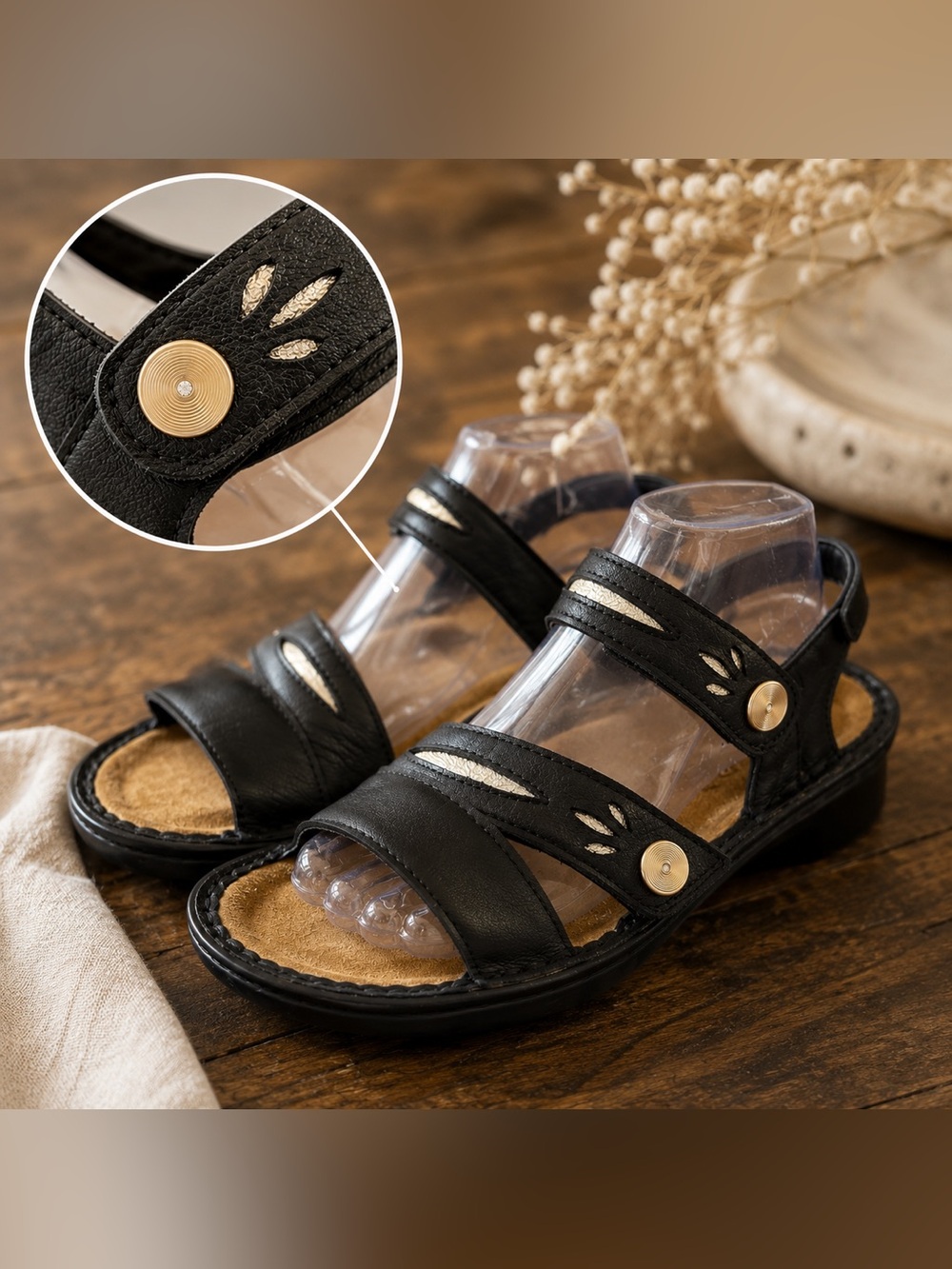 Naot Black Leather Adjustable Strap Sandals with Gold Accents
